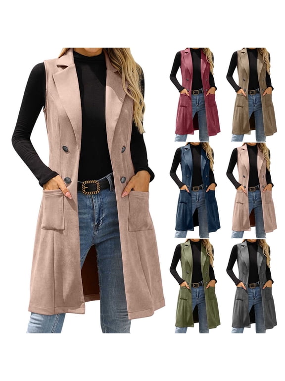 Long Suede Vest Women Sleeveless Notch Lapel Business Open Front Jacket Dressy Casual Vest with Pockets