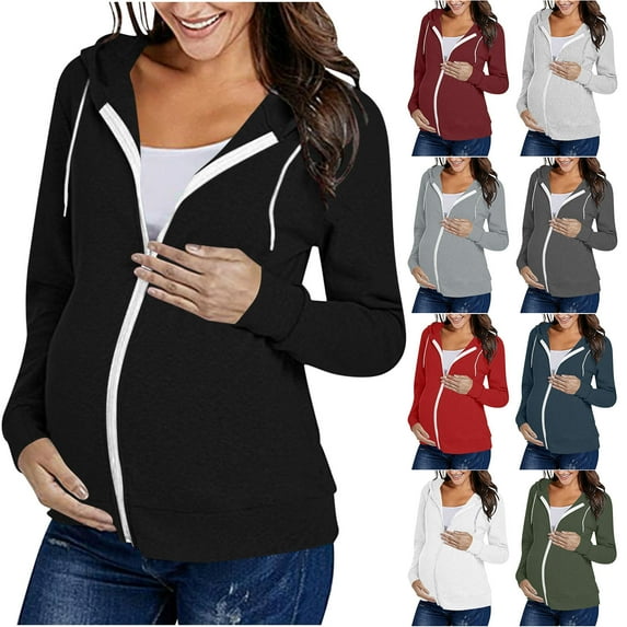 YanHoo Maternity Athletic Jackets Women Long Sleeve Sweatshirts Zip Up Tops Lightweight Casual Pregnancy Running Workout Shirts with Pockets White,M