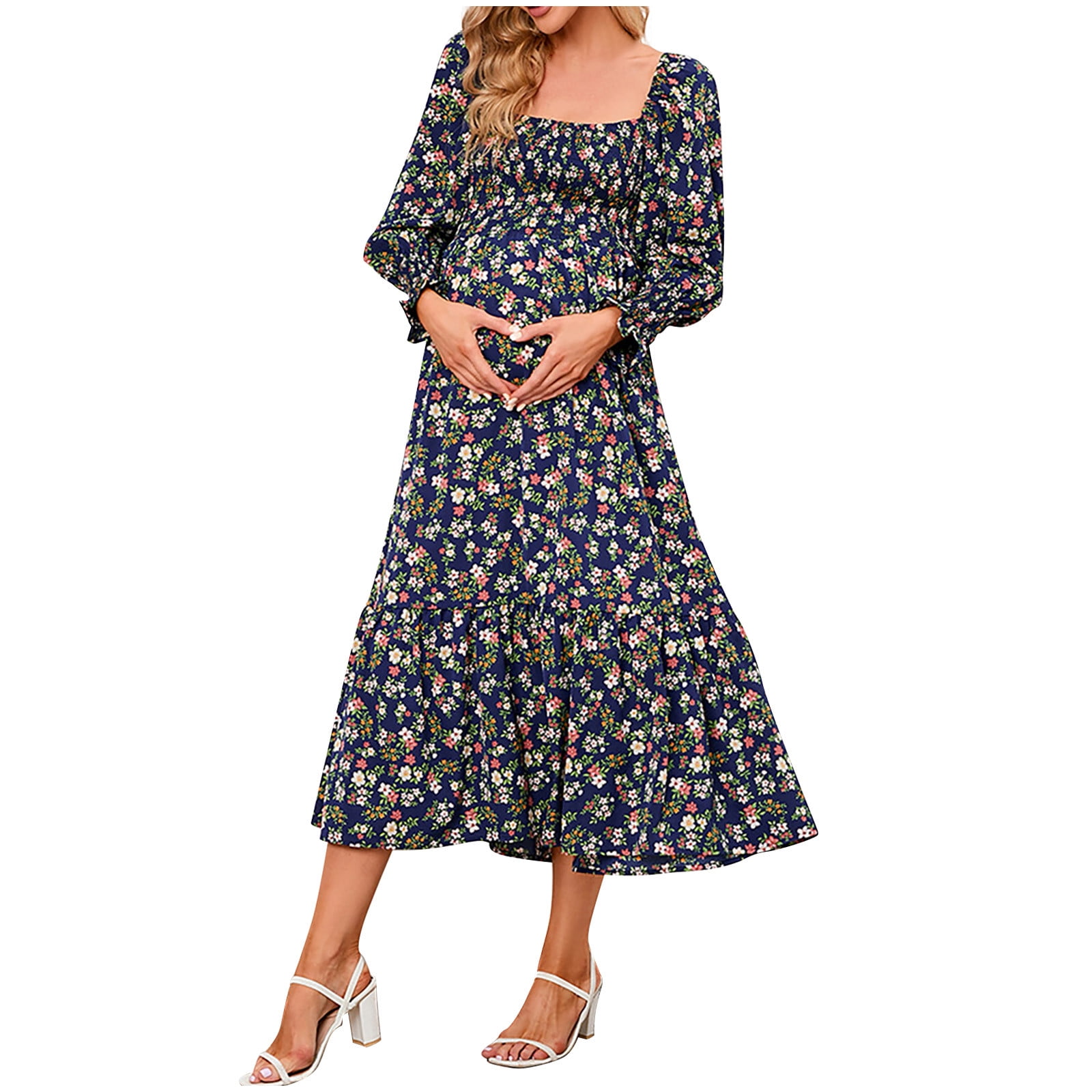 YanHoo Maternity Dresses for Baby Shower Chiffon Long Sleeve Square Neck Flowy Dress Smocked