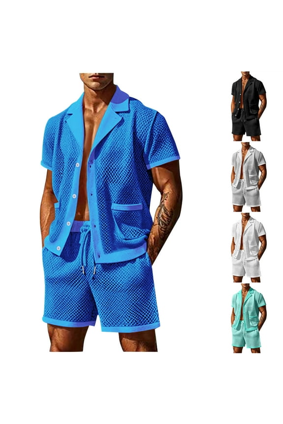 Men Crochet 2 Piece Outfits Casual Short Sleeve Button Down Shirts and Shorts Hollow Out Beach Summer Fishnet Shorts Set Black,S