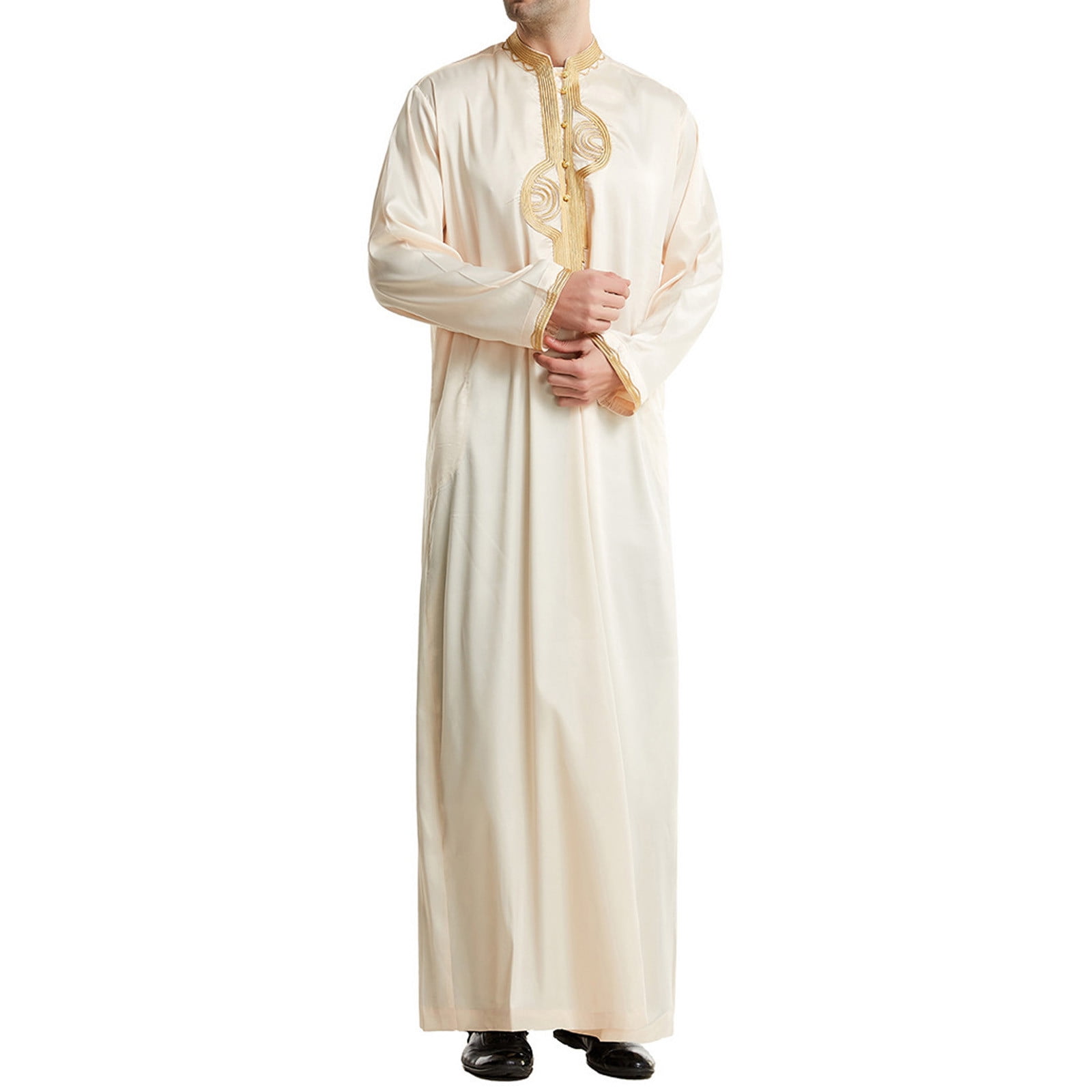 YanHoo Men Embroidered Robe Cotton Kaftan Thobe Stand Collar Long ...