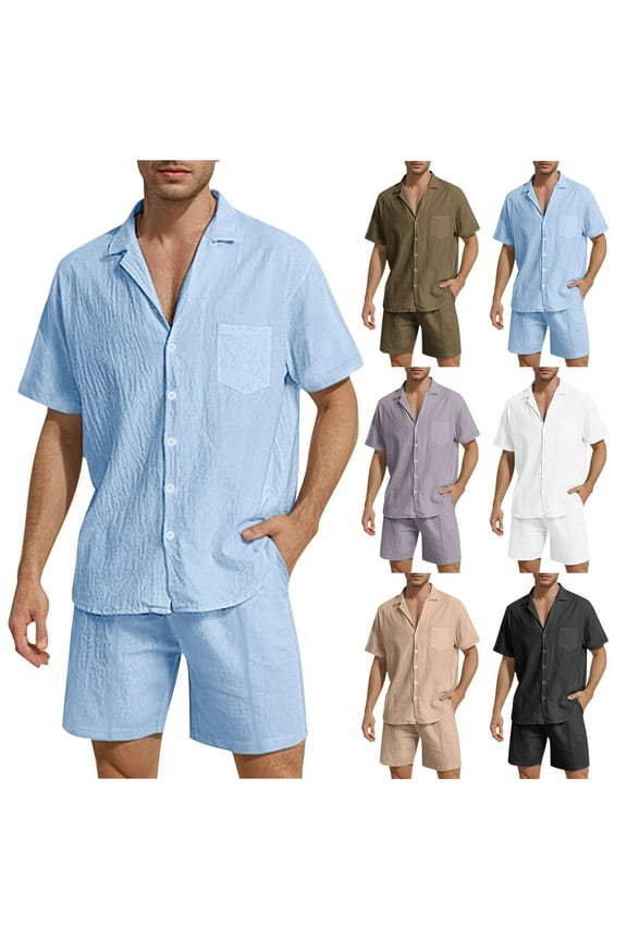 Men Linen Sets Outfits 2 Piece Short Sleeve Cuban Shirts Button Down Guayabera Linen Suit Casual Beach Vacation Shorts Set Light Blue,XL
