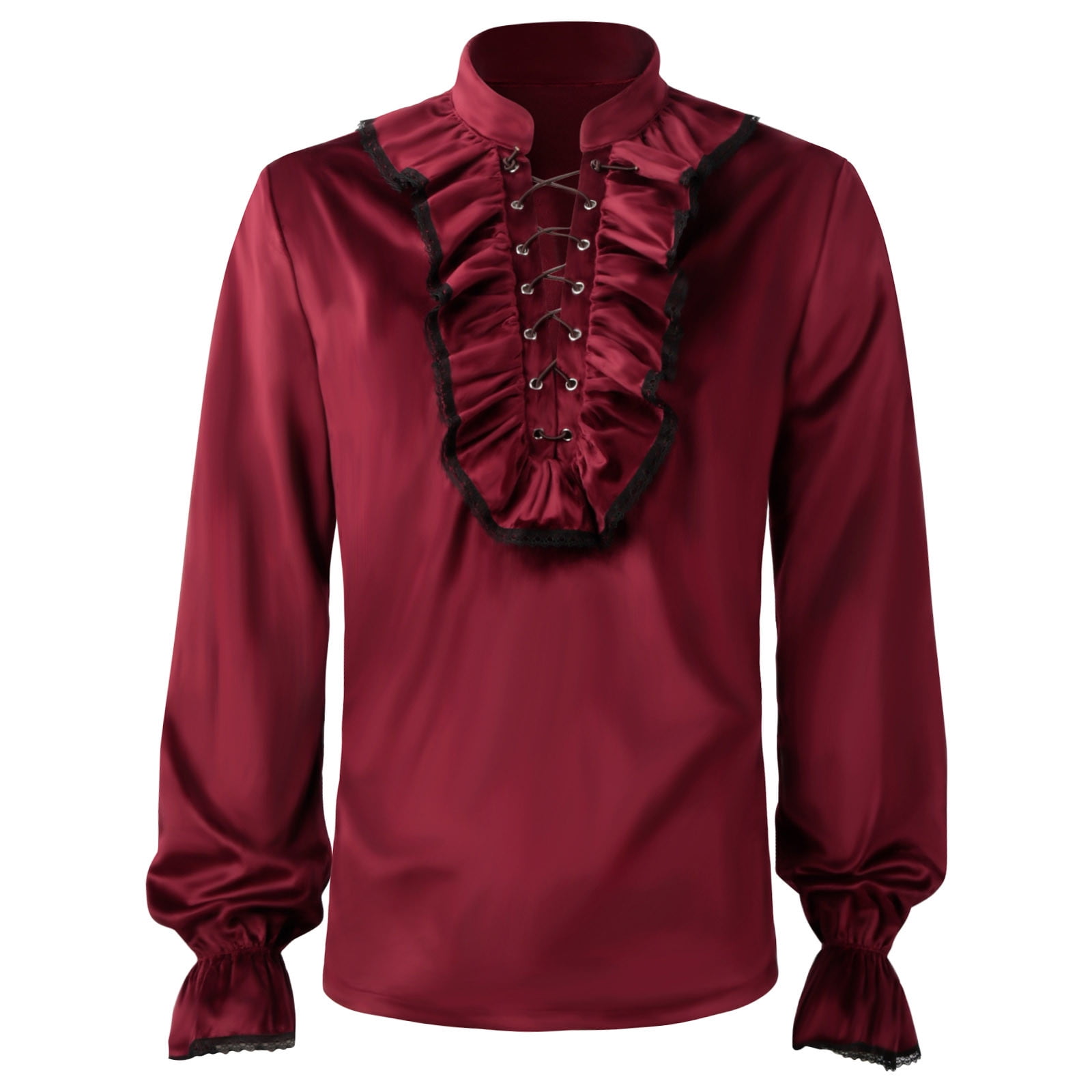 YanHoo Men Shirts Ruffle High Collar Long Sleeve Lace Up