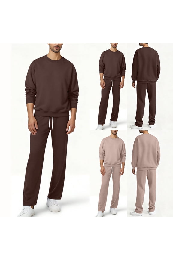Men Tracksuits 2 Piece Sets Solid Color Casual Sweatsuits Long Sleeve Crewneck Pullover and Sweatpants Athletic Jogging Suits Outfit Coffee,XL