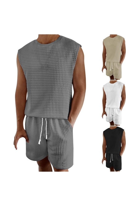 Men's 2 Piece Outfits Beach Checkered Sleeveless Shirt and Shorts Sets Summer Athletic Vacation Set Gym Tracksuits White,XXL