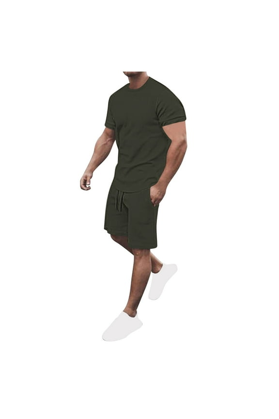 Men's 2 Piece Outfits Solid Color Short Sleeve Shirts and Shorts Summer Beach Vacation Sets for Men Athletic Jogging Tracksuit Green,XXL