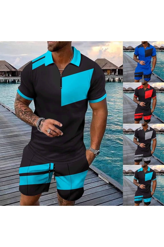 Men's 2 Pieces Outfits Casual Quarter Zip Golf Shirt and Shorts Set Color Block Patchwork Athletic Jogging Summer Tracksuit Black,M