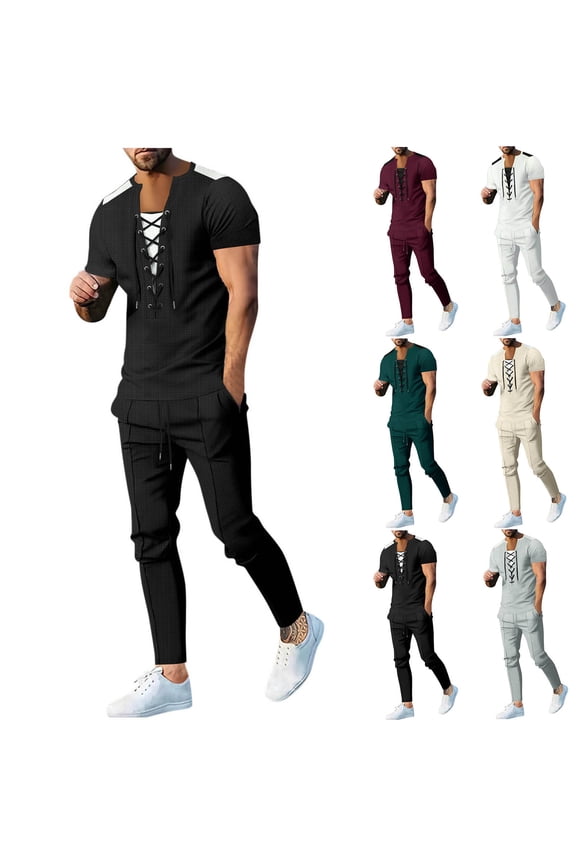 Men's 2 Pieces Waffle Knit Set Short Sleeve Lace-Up V Neck Shirts Casual Long Pants Sets with Pockets Summer Outfits White,S