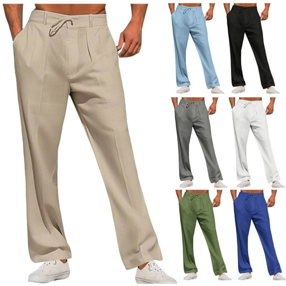 YanHoo Men's 30'' 32'' Linen Pants Casual Breathable Linen Dress Pants Summer Beach Work Trousers Loose Fit Straight Legs Elastic Waist Pants Black,XXXL