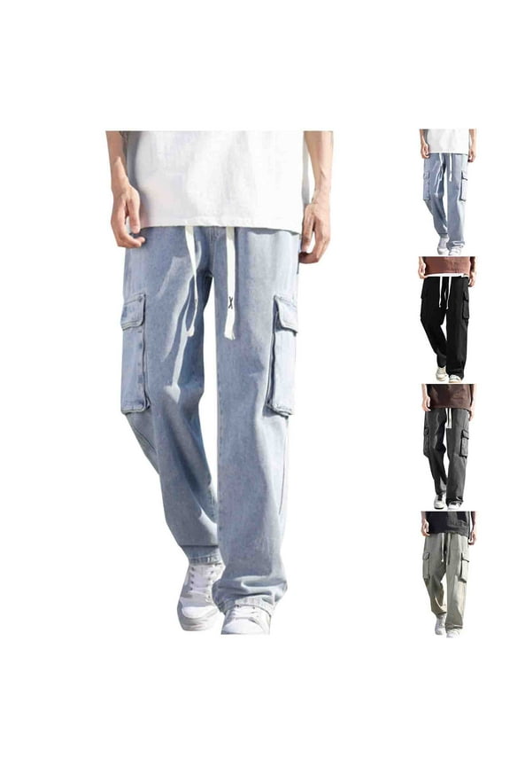Men's Baggy Jeans Wide Leg Skater Hip Hop Denim Pants Drawstring Y2K Vintage Loose Fit Cargo Jeans Streetwear Gray,S