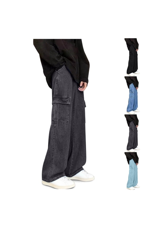 Men's Baggy Straight-Leg Hip Hop Jeans Casual Wide Leg Y2k Skateboard Vintage Drawstring Cargo Denim Pants Streetwear Blue,S