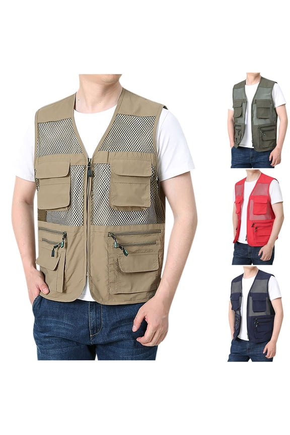 Men's Big and Tall Vest Lightweight Mesh Breathable Jackets Solid Color Outdoor Fishing Jacket Work Travel Cargo Vests with Multi Pockets