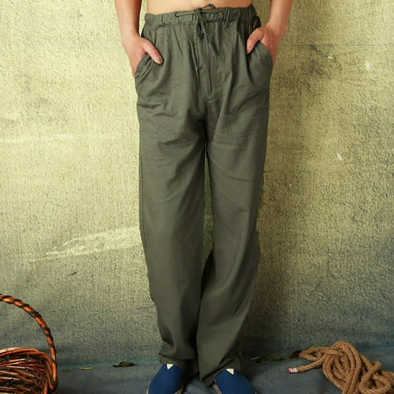 YanHoo Men's Casual Cotton Linen Pants Elastic Waist Loose Fit Long Pants Pocket Sweatpants Yoga Beach Drawstring Jogger