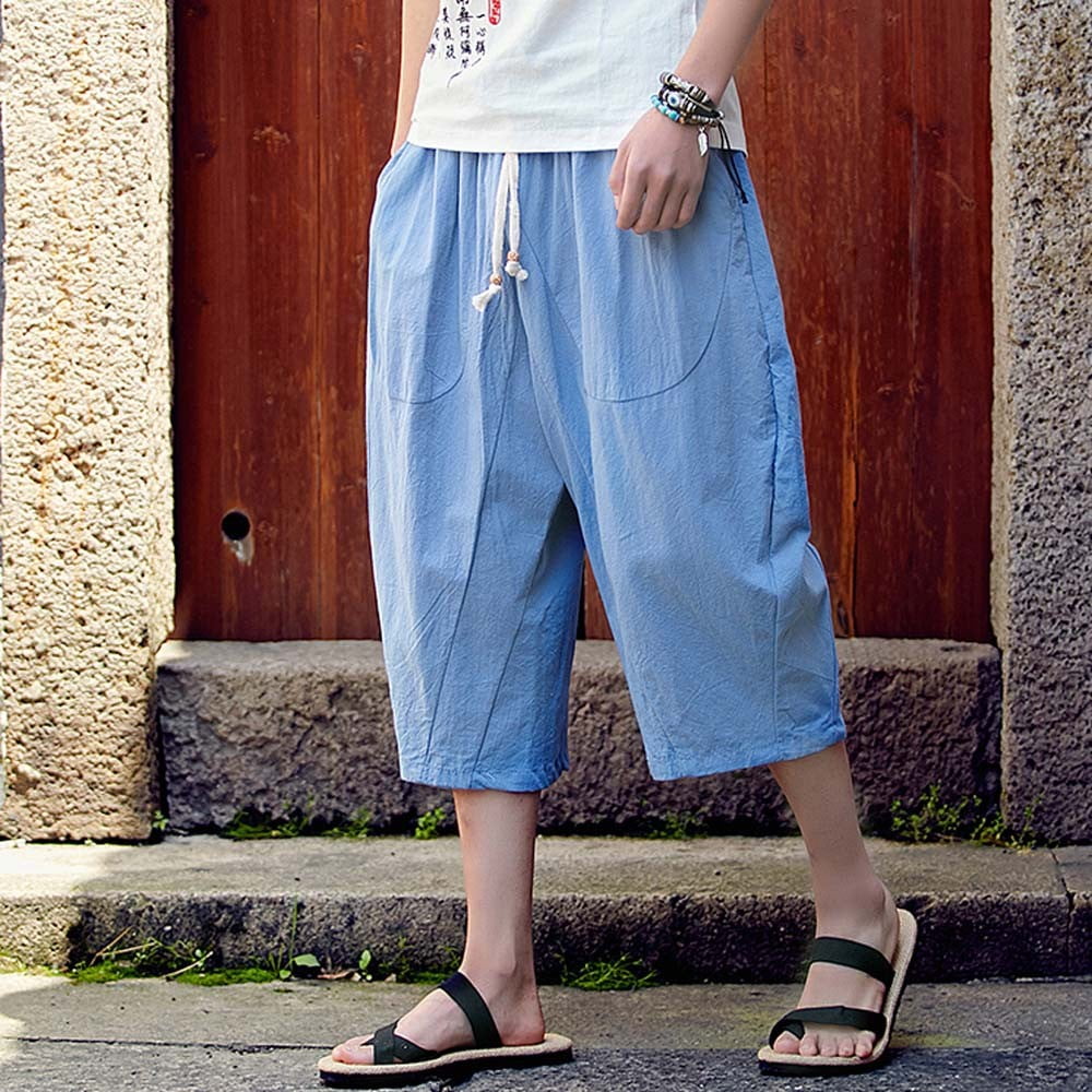 YanHoo Men's Casual Loose Sports 3/4 Pants Linen Drawstring
