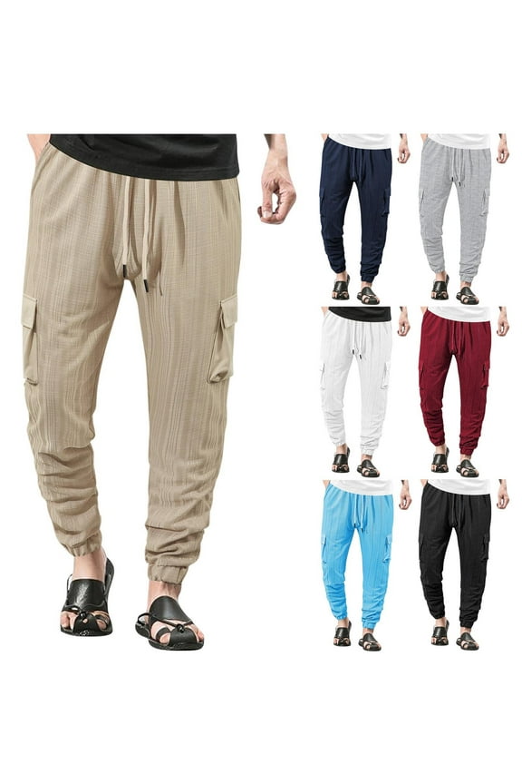 Men's Cotton Linen Summer Pants Casual Cargo Joggers Drawstring Elastic Waist Tapered Work Pants Outdoor Hiking Pants with Pockets Black,XXL