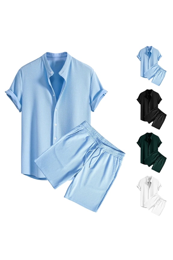 Men's Hawaiian Matching Set Summer Beach 2 Piece Outfits Short Sleeve Button Down Shirts and Shorts Vacation Outfits Textured Sets Black,S