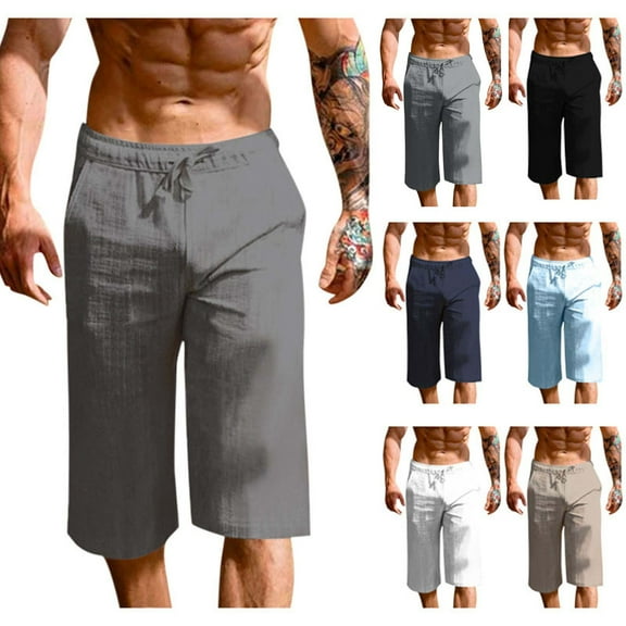 YanHoo Men's Linen Cotton Capri Pants Big and Tall Loose Fit Elastic Waist Beach Yoga Pants Summer Wide Leg Baggy 3/4 Pants with Pockets Gray,S
