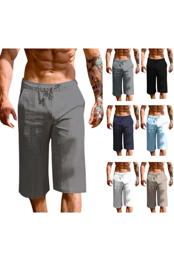 Men's Linen Cotton Capri Pants Big and Tall Loose Fit Elastic Waist Beach Yoga Pants Summer Wide Leg Baggy 3/4 Pants with Pockets White,L