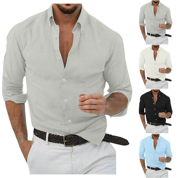 YanHoo Men's Linen Long Sleeve Shirts Cotton Casual Lightweight Button Down Shirt Beach Vacation Summer Tops Gray,XL