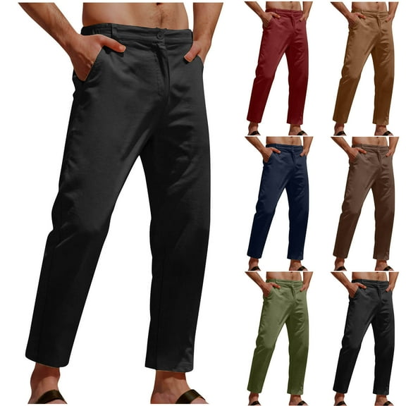 YanHoo Men's Linen Pants Lightweight Drawstring Elastic Waist Dress Pants Loose Fit Straight Legs Summer Beach Work Trousers with Pockets Wine,M