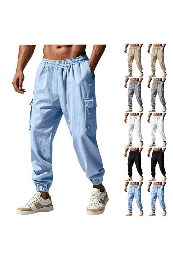 Men's Linen Pants Summer Casual Cargo Pants Lightweight Elastic Waist Drawstring Pants Cinch Bottom Baggy Jogger Pants Khaki,XXXL