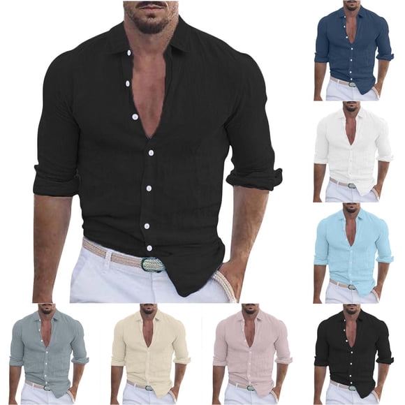 Men's Linen Shirt Long Sleeve Button Down Casual Shirts Vintage Solid Plain Dress Shirts Beach Vacation Summer Fall Tops Gray,XL