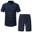 thumbnail image 1 of YanHoo Men's Linen Shirt and Short Set 2 Piece Outfits Single Breasted Stand Collar Short Sleeve Blouse Elastic Pants Suit, 1 of 5