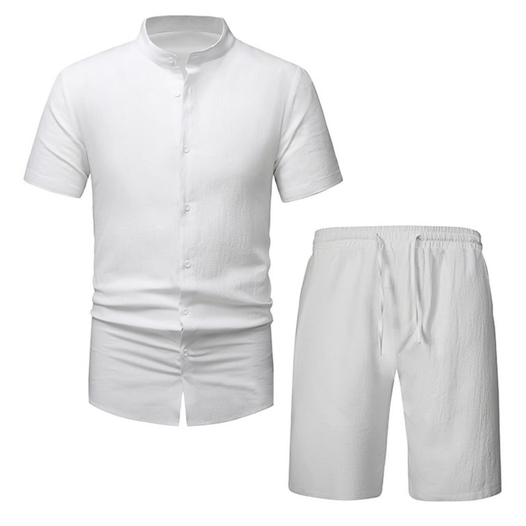 YanHoo Men s Linen Shirt and Short Set 2 Piece Outfits Single Breasted Stand Collar Short Sleeve Blouse Elastic Pants Suit Walmart