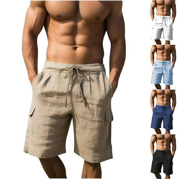 YanHoo Men's Linen Shorts Casual Elastic Waist Drawstring Summer Beach Shorts Vacation Yoga Golf Cargo Shorts with Pockets 2026 White,M