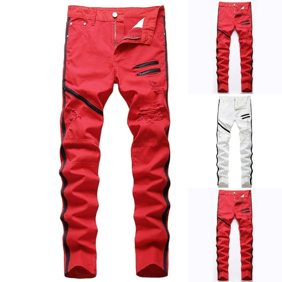 YanHoo Men's Ripped Regular Fit Jeans Slim Fit Stretch Jeans Skinny Distressed Straight Leg Fashion Denim Pants No Belt Red,34