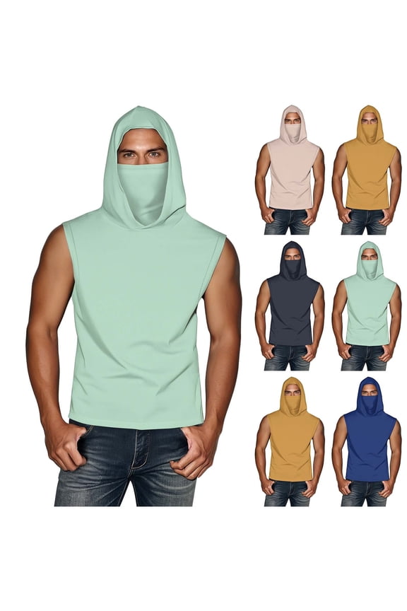 Men's Sleeveless Hooded Tank Top with Face Cover UV Protection Athletic Workout Shirt Ice Silk Summer Cooling Muscle Cut Off Gym Hoodies Dark Blue,XXL