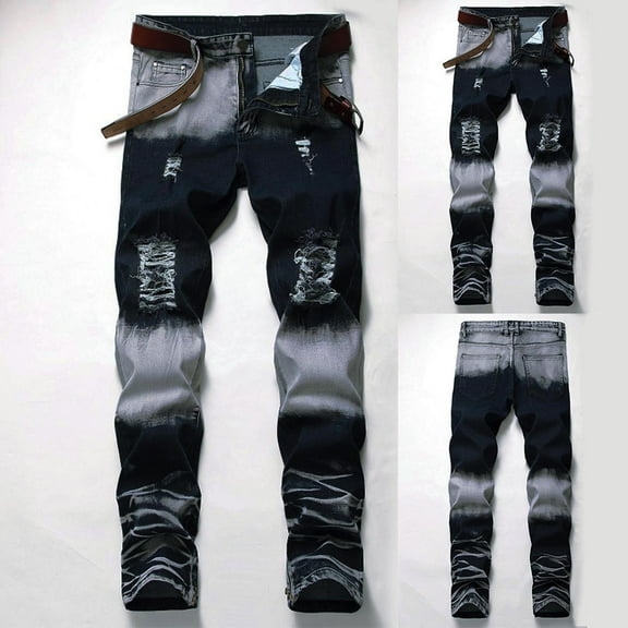 YanHoo Men's Slim Fit Stretch Jeans Ripped Skinny Distressed Denim Pants Biker Leg Fashion Y2k Streetwear Dark Blue,L