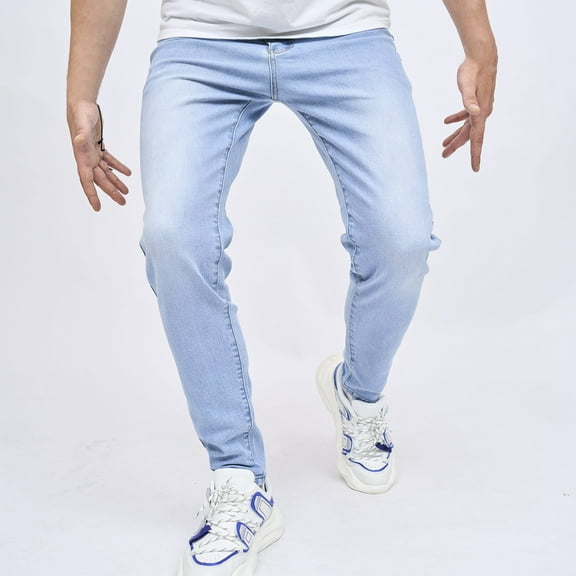 YanHoo Men's Slim Fit Stretch Tapered Leg Skinny Jeans Comfort Flexible Denim Pants for Men with Pockets Light Blue,L