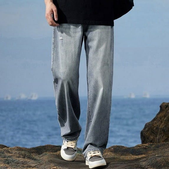 YanHoo Men's Stretch Jeans Straight Wide Leg Denim Pants Loose Fit Hip Hop Trousers Skater Jeans Cowboy Y2k Streetwear Light Blue,34