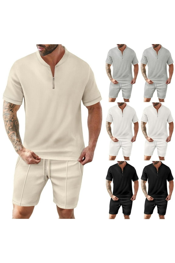 Men's Tracksuit 2 Pieces Outfits Waffle Knit Short Sleeve Zipper Golf Shirt and Shorts Track Suits Summer Casual Sweatsuit Sets Gray,S