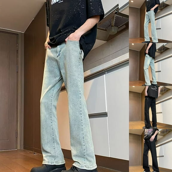 YanHoo Men's Wide Leg Jeans Classic Denim Pants Loose Fit Hip Hop Trousers Vintage Flare Jeans Y2k Streetwear with Pockets Black,S