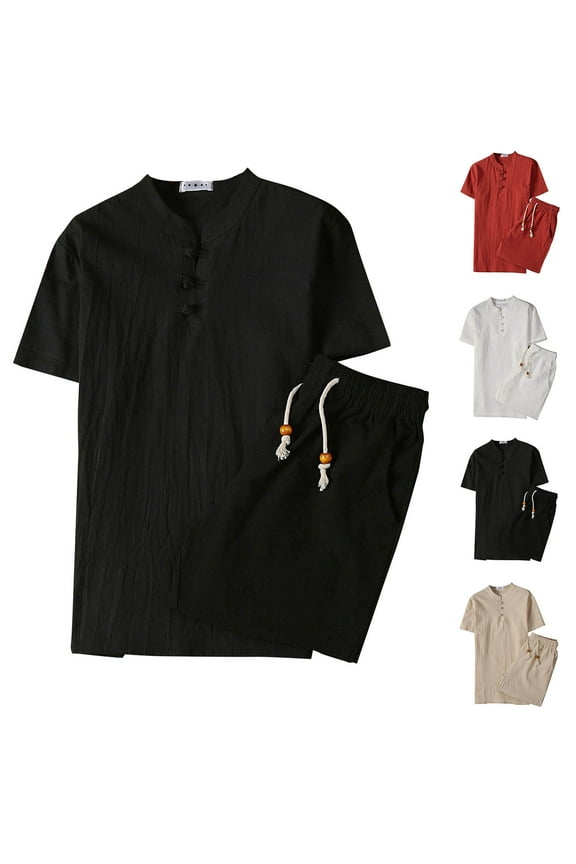 Mens 2 Piece Cotton Linen Sets Big & Tall Summer Casual Short Sleeve T Shirts and Shorts Tracksuit Sets Loose Vacation Outfits White,XXL