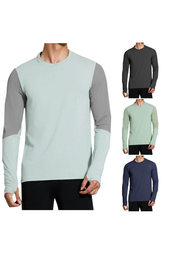 Mens Athletic Shirts with Thumb Hole Sports Fitness Quick-Dry Stretch T-Shirt Color Block Long Sleeve Crewneck Tees