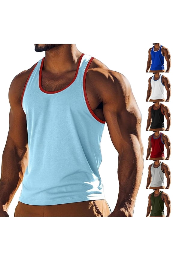 Mens Big and Tall Tank Tops Moisture Wicking Quick Dry Workout T-Shirts Color Block Crewneck Sleeveless Shirts Summer Muscle Tee