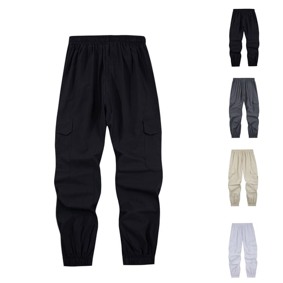 YanHoo Mens Casual Baggy Cargo Pants Stretch Linen Cotton Sweatpants Loose Fit Elastic Waist Drawstring Hiking Workout Joggers with Pockets White,XXXL