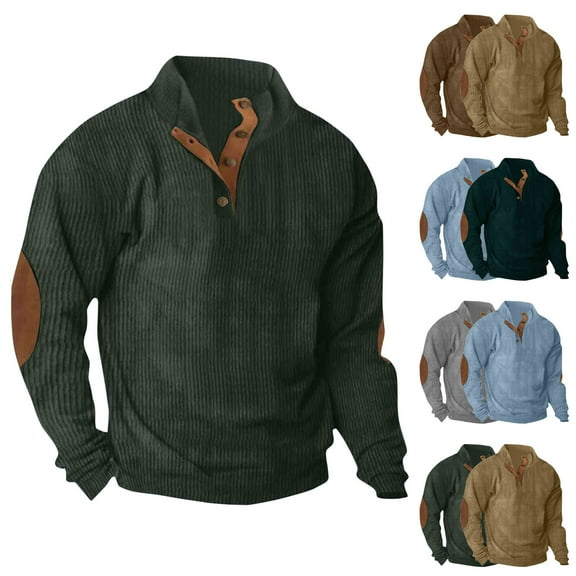 YanHoo Mens Casual Corduroy Pullover Sweater with Elbow Patches Long Sleeve Stand Collar Vintage Button Sweaters Khaki,L