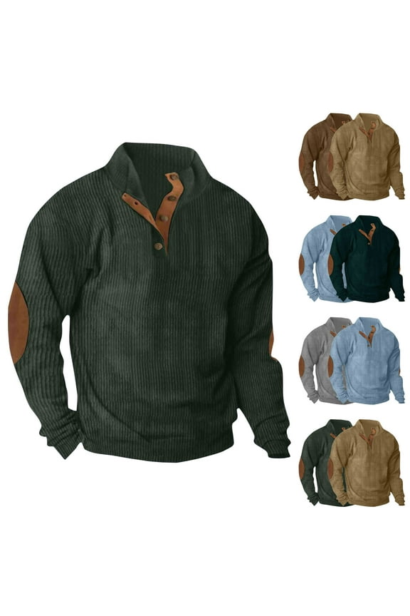 Mens Casual Corduroy Pullover Sweater with Elbow Patches Long Sleeve Stand Collar Vintage Button Sweaters Mint Green,XXXL