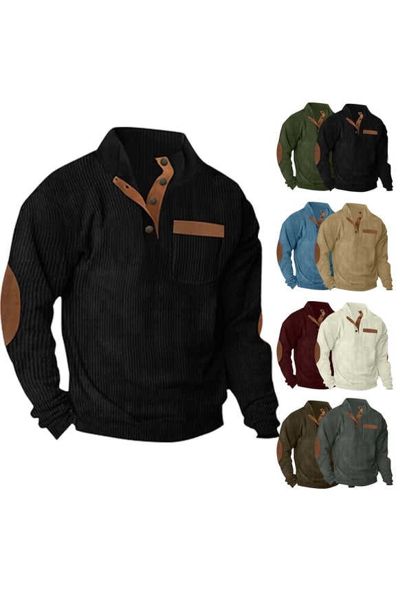 Mens Casual Corduroy Sweaters Classic Vintage Button Pullover Long Sleeve Stand Collar Sweater with Elbow Patches Brown,XXXL