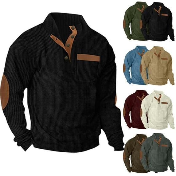 YanHoo Mens Casual Corduroy Sweaters Classic Vintage Button Pullover Long Sleeve Stand Collar Sweater with Elbow Patches Khaki,XL