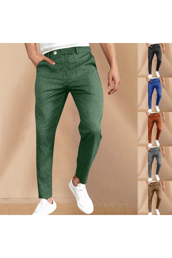Mens Casual Linen Pants Elastic Waist Lightweight Dress Pants Regular Fit Slacks Straight Leg Summer Beach Trousers Coffee,L