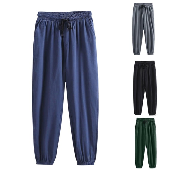 YanHoo Mens Casual Pants Big and Tall Cotton Linen Drawstring Elastic Waist Loose Fit Pants Cinch Bottom Straight Leg Pants Summer Beach Trousers Navy,XXXL