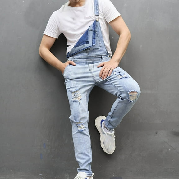 YanHoo Mens Denim Bib Lightweight Ripped Jean Overalls Workwear Pants with Adjustable Straps Convenient Tool Pockets Light Blue,S