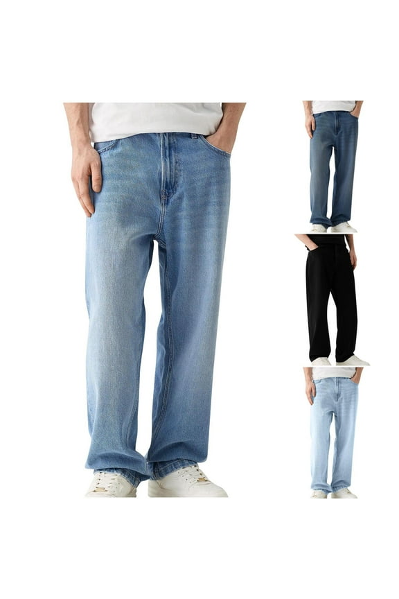 Mens Elastic Waist Straight Leg Jeans Loose Fit Stretch Low Waistband Denim Pants Baggy Trousers with Pockets Dark Blue,XXL
