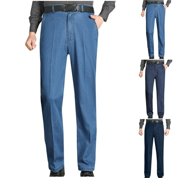 YanHoo Mens Elastic Waist Straight Leg Jeans Slim Fit Stretch High Waistband Denim Pants Casual Work Pants with Pockets Dark Blue,XL
