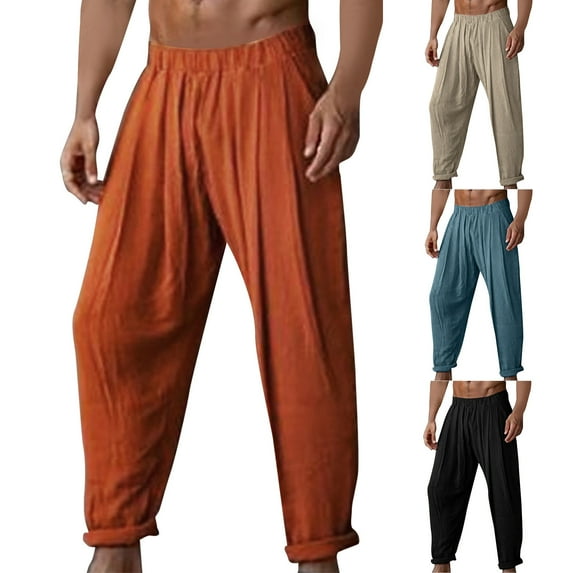 YanHoo Mens Lightweight Linen Pants Yoga Beach Loose Fit Casual Summer Lounge Pants Elastic Waist Baggy Trousers with Pockets Blue,M